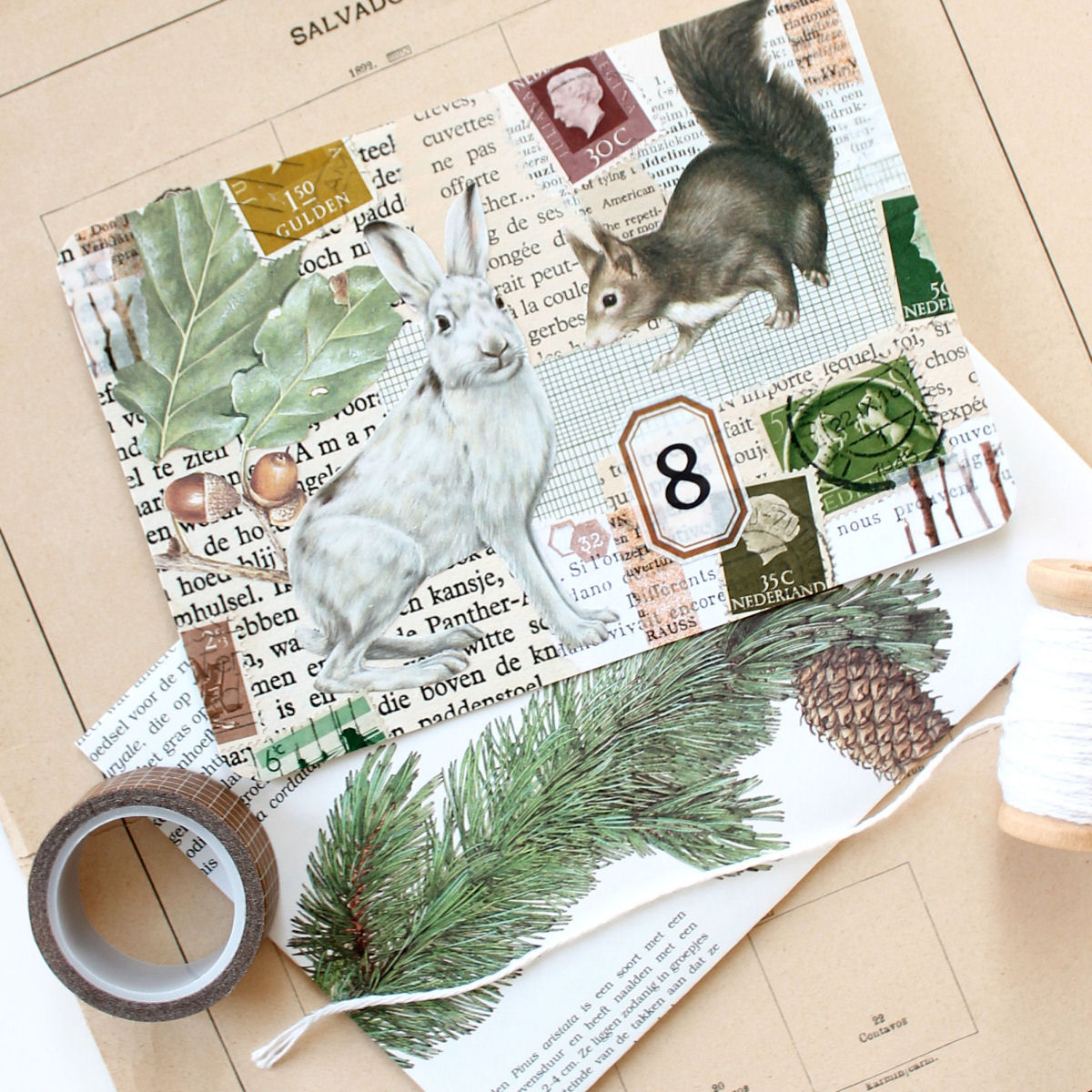 5 winterse collage kaarten met dieren